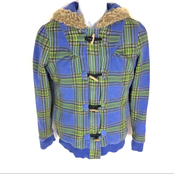 Roxy Plaid Faux Fur Line Toggle Button Jacket Hood - Picture 1 of 6